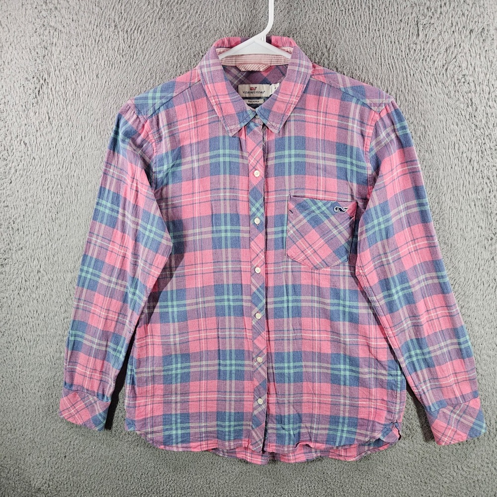 Vineyard Vines Womens 4 Relaxed Plaid Button Down Shirt Pink Blue Cotton Linen